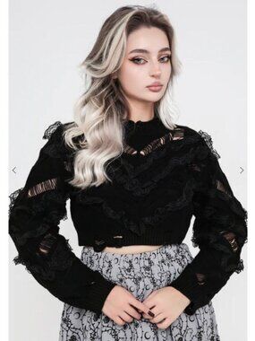 DISTURBIA Volla lace ruffle distressed knit cropped sweater
